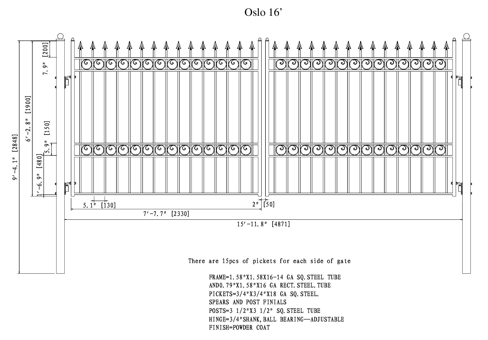 ALEKO DG16OSLD-AP Steel Dual Swing Driveway Gate - OSLO Style - 16 x 6 Feet
